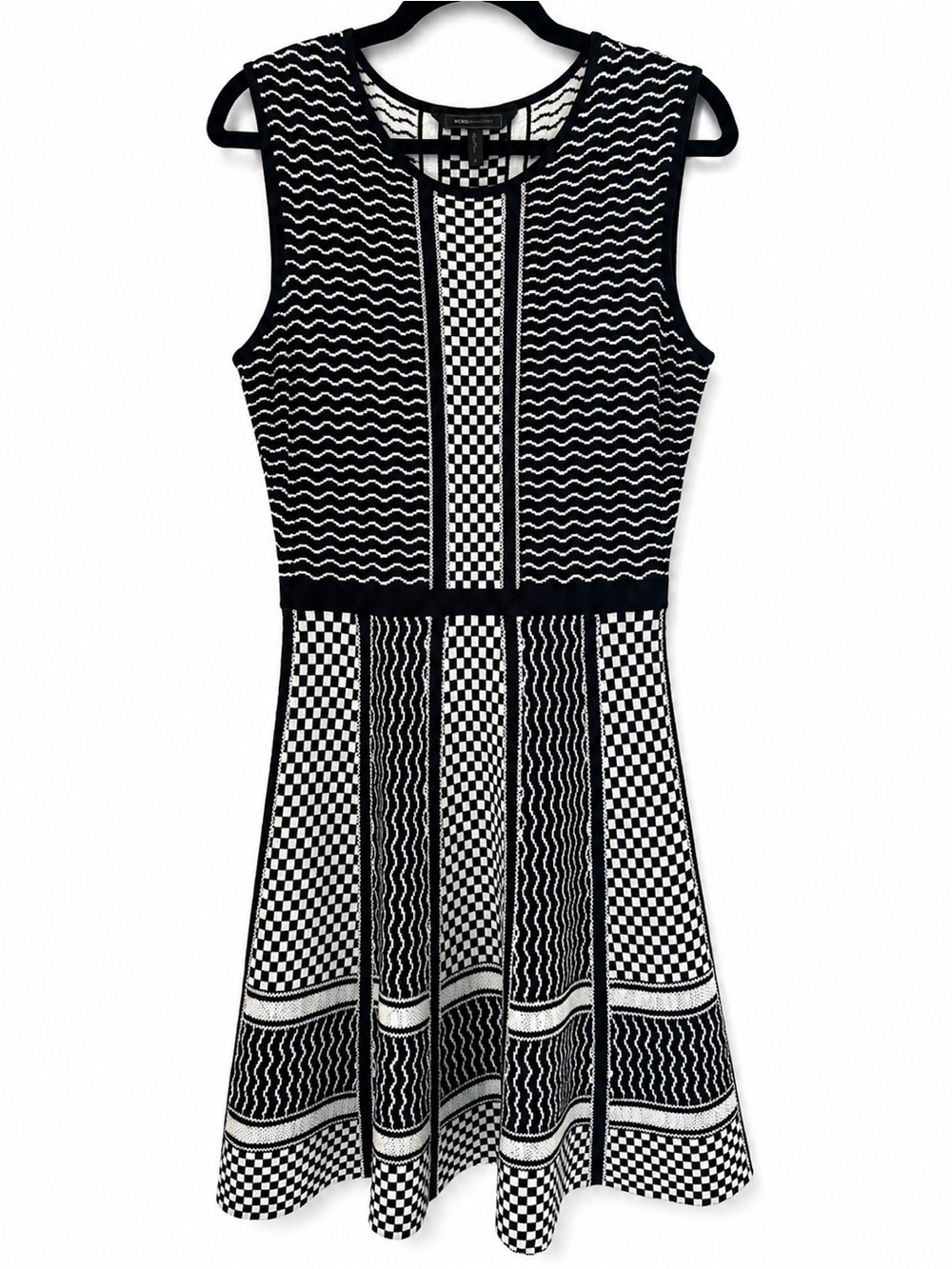 BCBGMAXAZRIA Alix Silk Blend Checkered Fit & Flare Knit Dress M